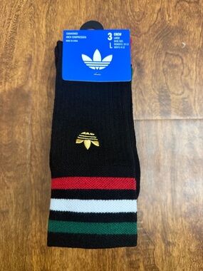 adidas Black Crew Socks with Red, White & Green Stripes